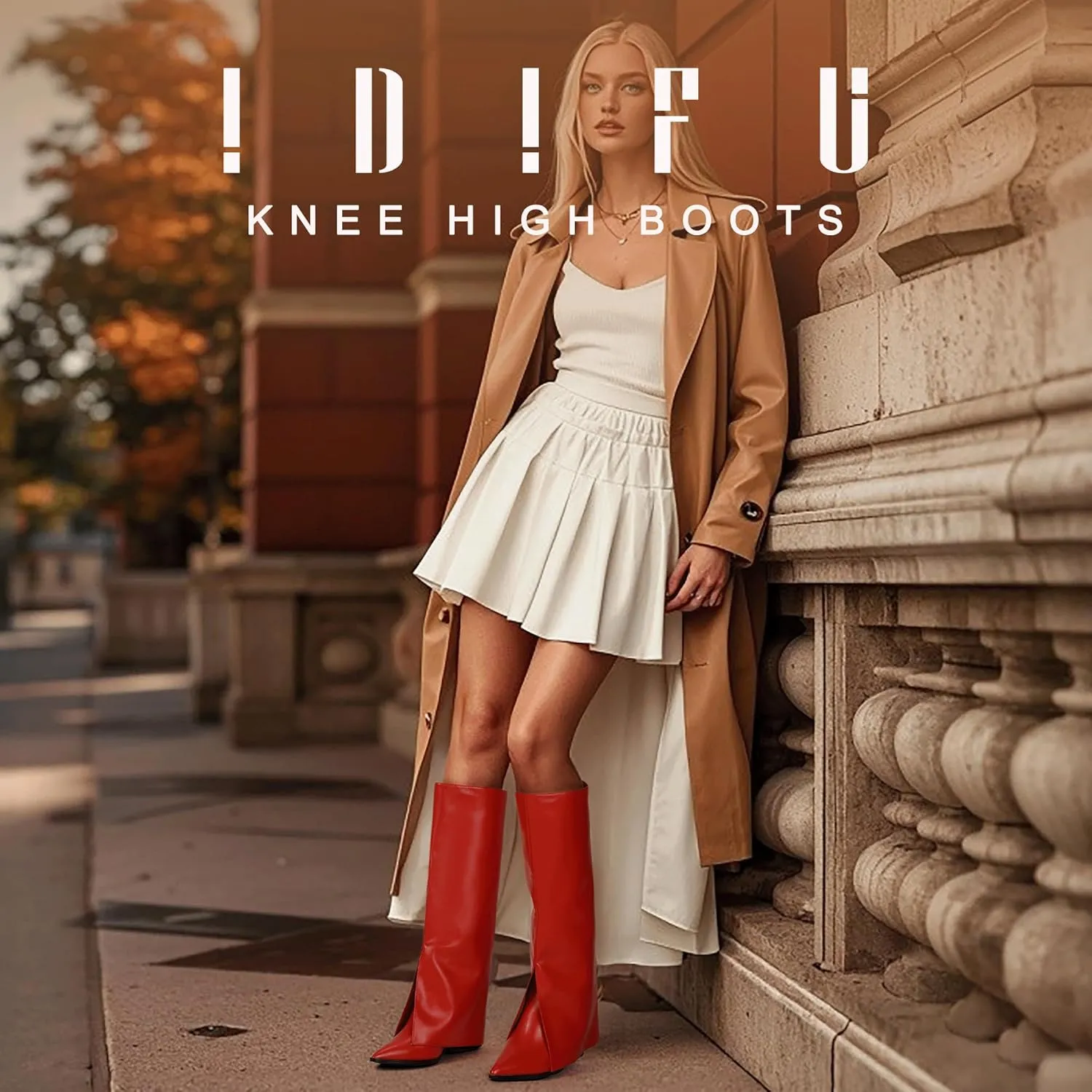 IDIFU Knee High Women Shark Boots Fold Over Tall High Chunky Heel Boots Pointed Toe Block Heeled Booties for Women Zip Up Dress Long Comfortable Cute Fashion Dressy Sexy Trendy Heel Booties Boots