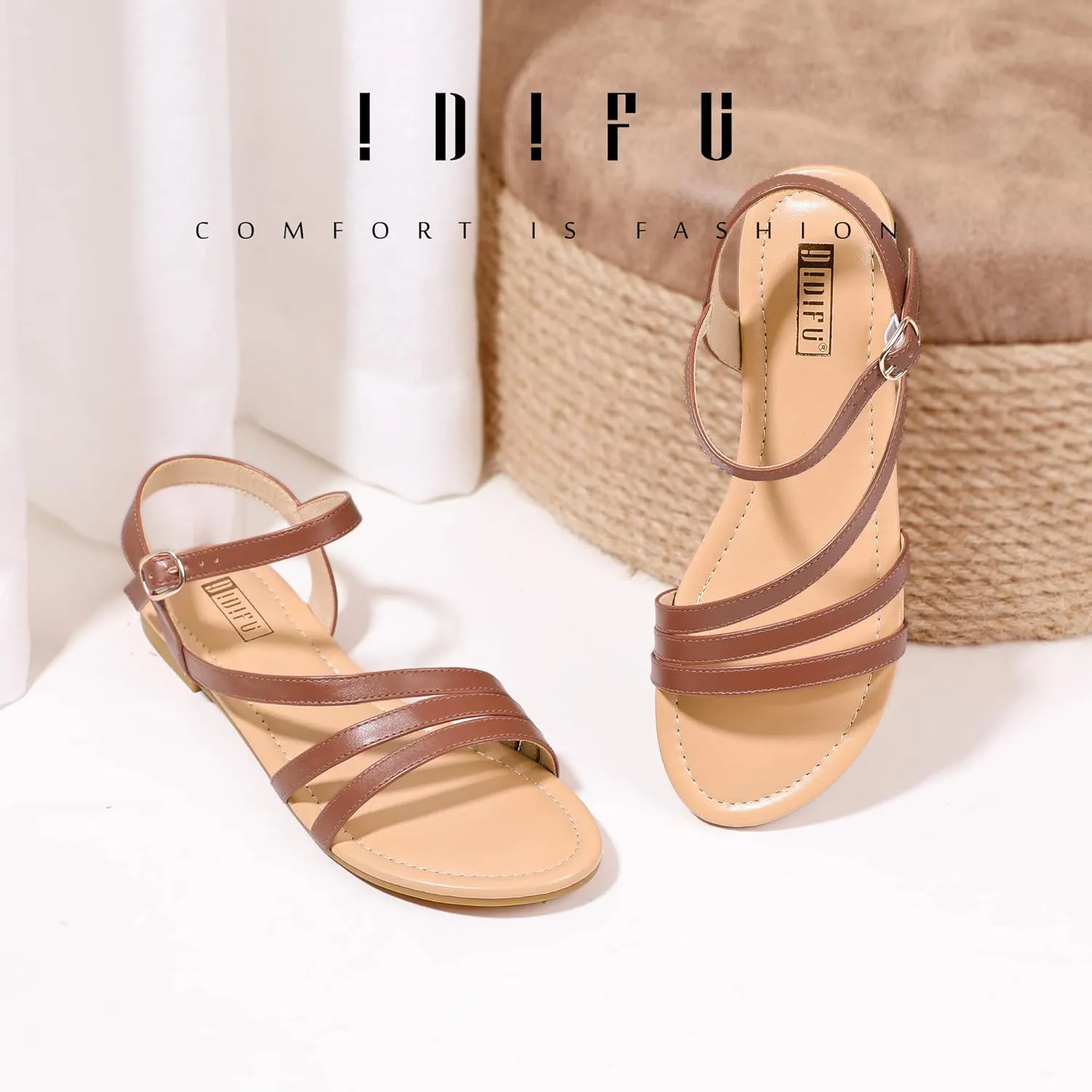 IDIFU Strappy Sandals for Women Dressy Summer Flat Sandals with Back Strap Open Toe Slingback Ankle Strap Sandals Wedding Bridal Prom Bride Bridesmaid Sandals Comfortable Cute Casual Dress Sandals