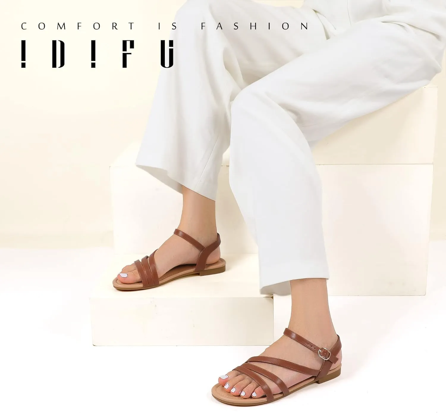 IDIFU Strappy Sandals for Women Dressy Summer Flat Sandals with Back Strap Open Toe Slingback Ankle Strap Sandals Wedding Bridal Prom Bride Bridesmaid Sandals Comfortable Cute Casual Dress Sandals