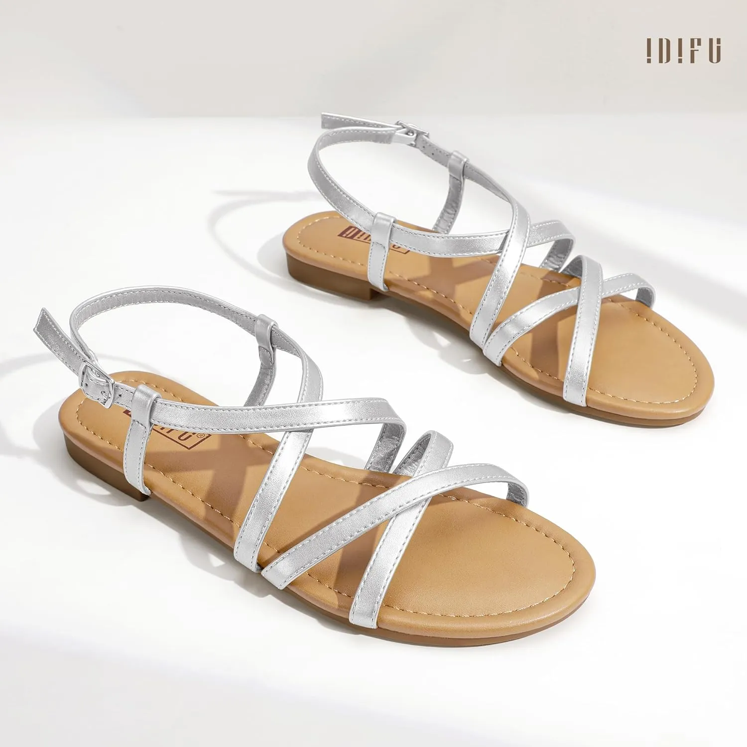 IDIFU Strappy Sandals for Women Open Toe Slingback Ankle Strap Flat Sandals Summer Beach Wedding Bridal Prom Party Work Office Dress Sandals Comfortable Trendy Casual Dressy Sandals