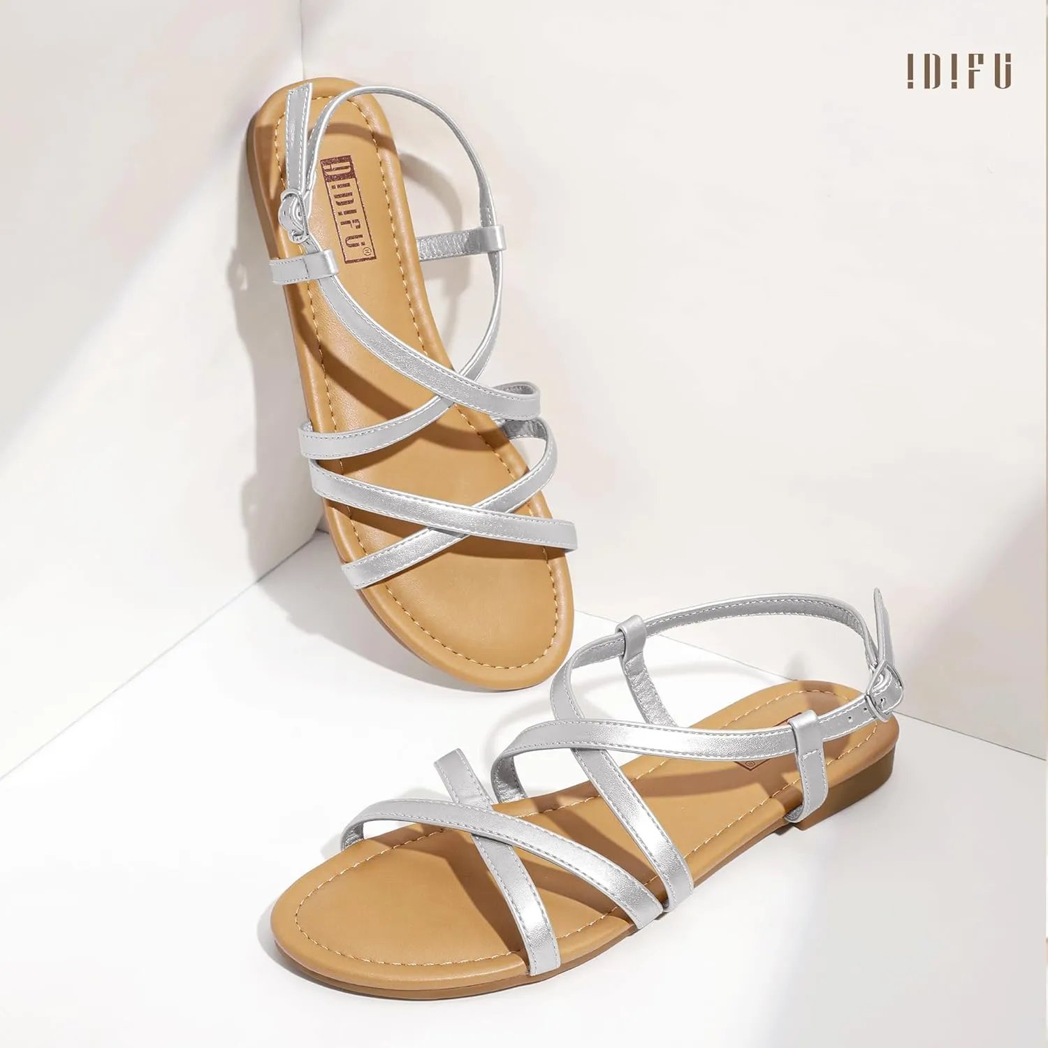 IDIFU Strappy Sandals for Women Open Toe Slingback Ankle Strap Flat Sandals Summer Beach Wedding Bridal Prom Party Work Office Dress Sandals Comfortable Trendy Casual Dressy Sandals
