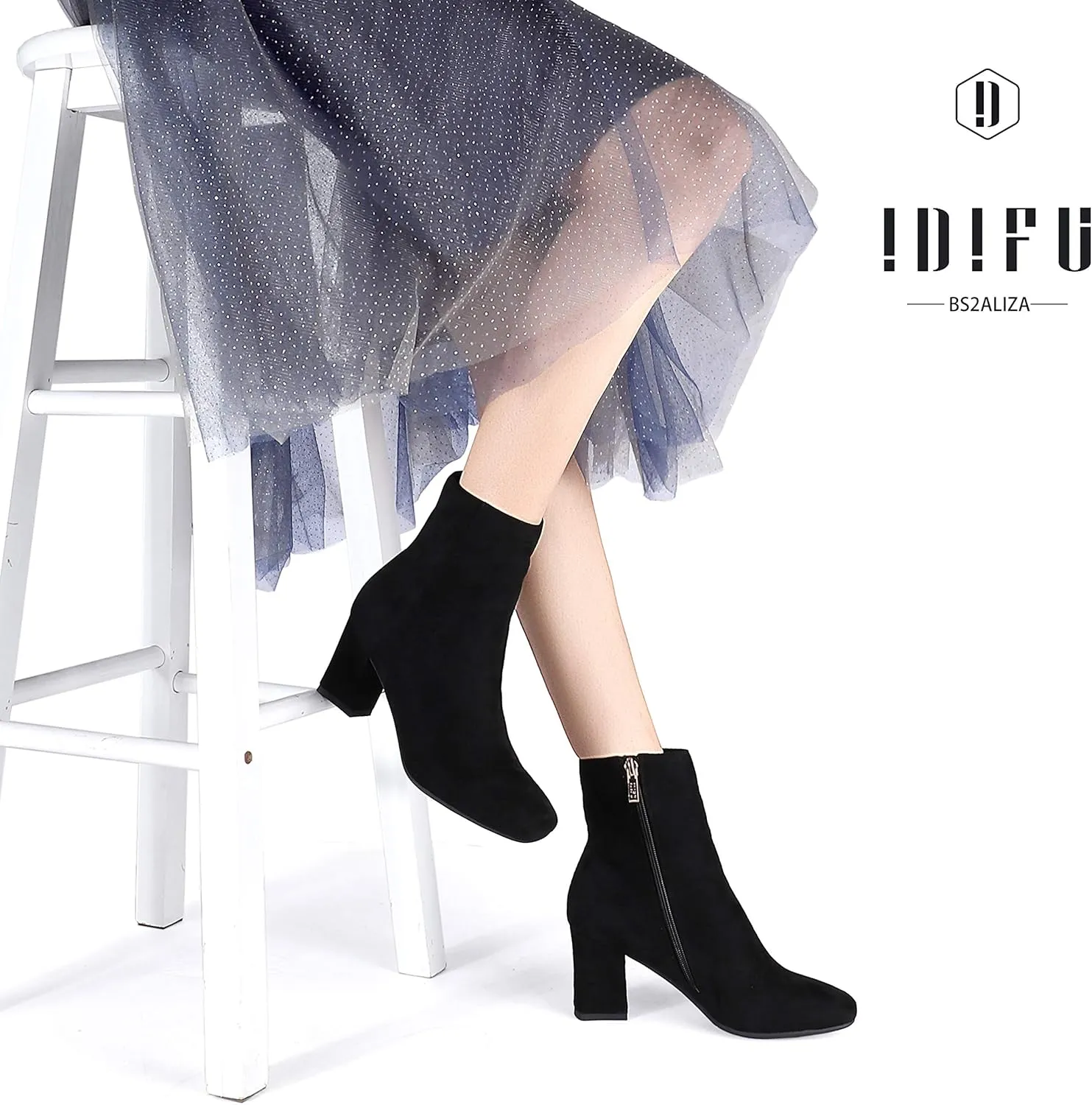 IDIFU Women's Aliza Fashion Square Toe Short Boots Side Zipper Low Block Heel Ankle Booties