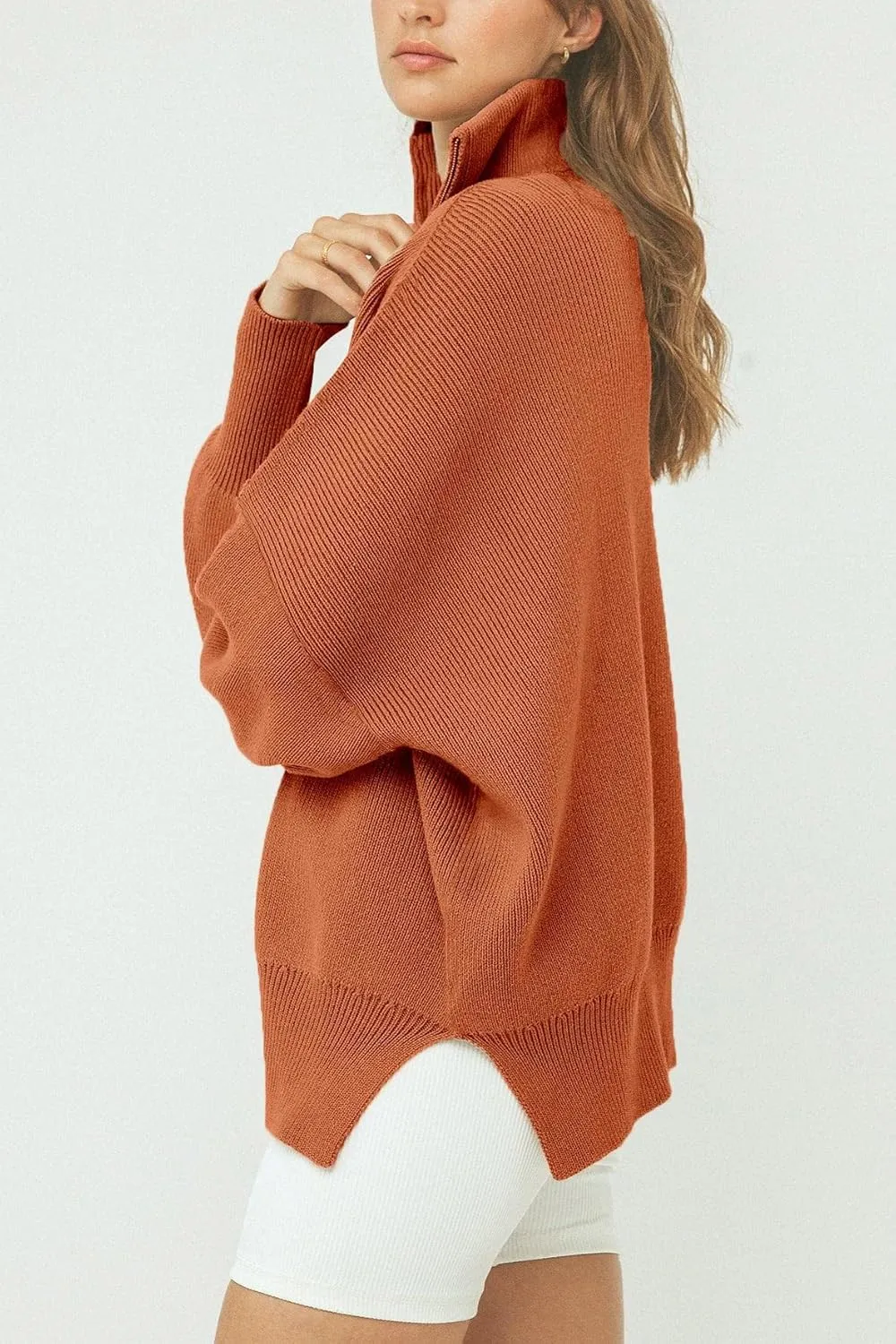 Imily Bela Womens Tunic Sweater Fall Long Sleeve 1/4 Zip Pullover Sweaters Oversized Slouchy Ribbed Knit Sweatshirt with Slit
