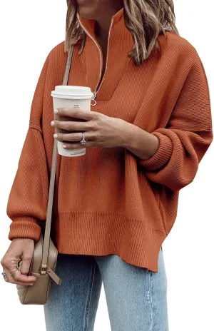Imily Bela Womens Tunic Sweater Fall Long Sleeve 1/4 Zip Pullover Sweaters Oversized Slouchy Ribbed Knit Sweatshirt with Slit