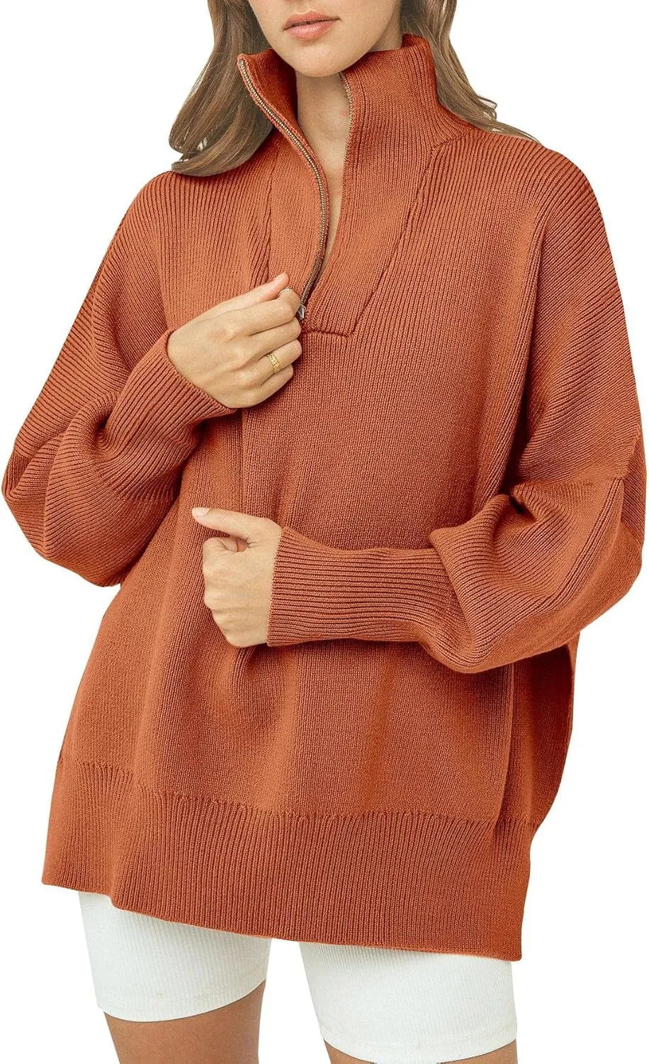 Imily Bela Womens Tunic Sweater Fall Long Sleeve 1/4 Zip Pullover Sweaters Oversized Slouchy Ribbed Knit Sweatshirt with Slit