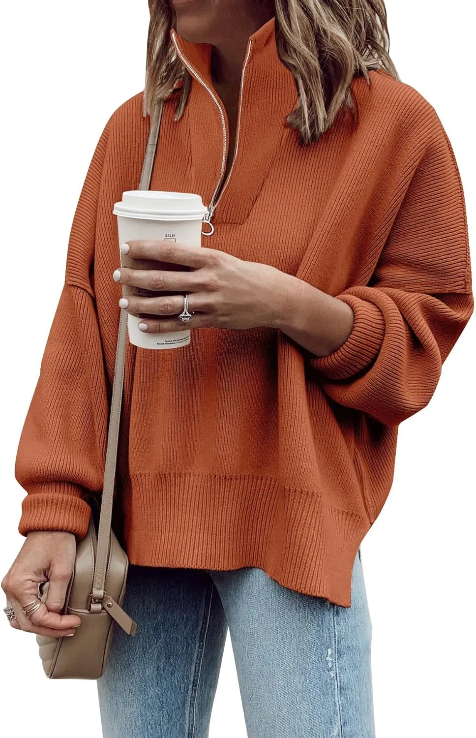 Imily Bela Womens Tunic Sweater Fall Long Sleeve 1/4 Zip Pullover Sweaters Oversized Slouchy Ribbed Knit Sweatshirt with Slit