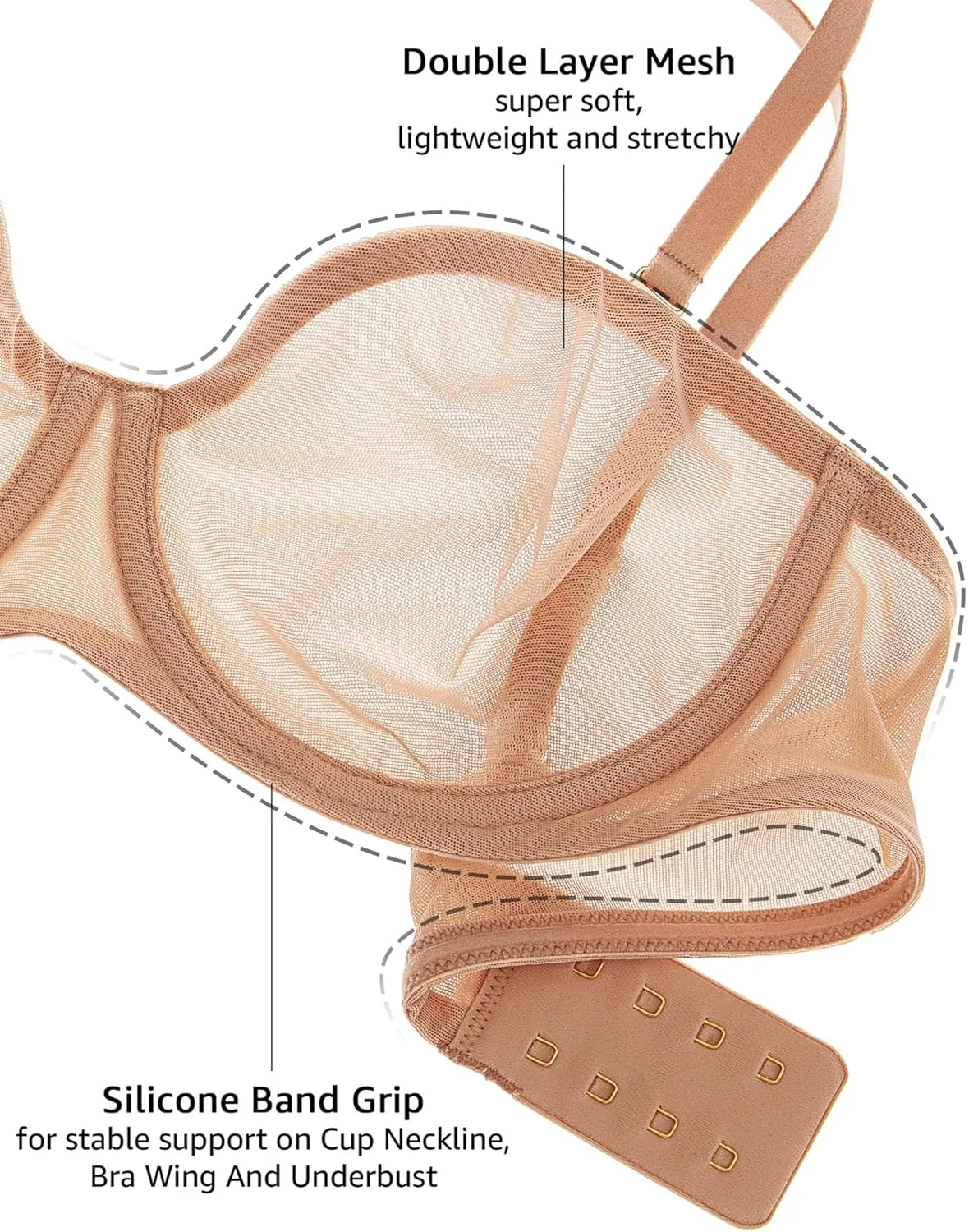 INLYRIC Women's Sheer Strapless Bras Mesh Sexy Unlined Plus Size See Through Bra Underwire Demi Mesh Non Padded