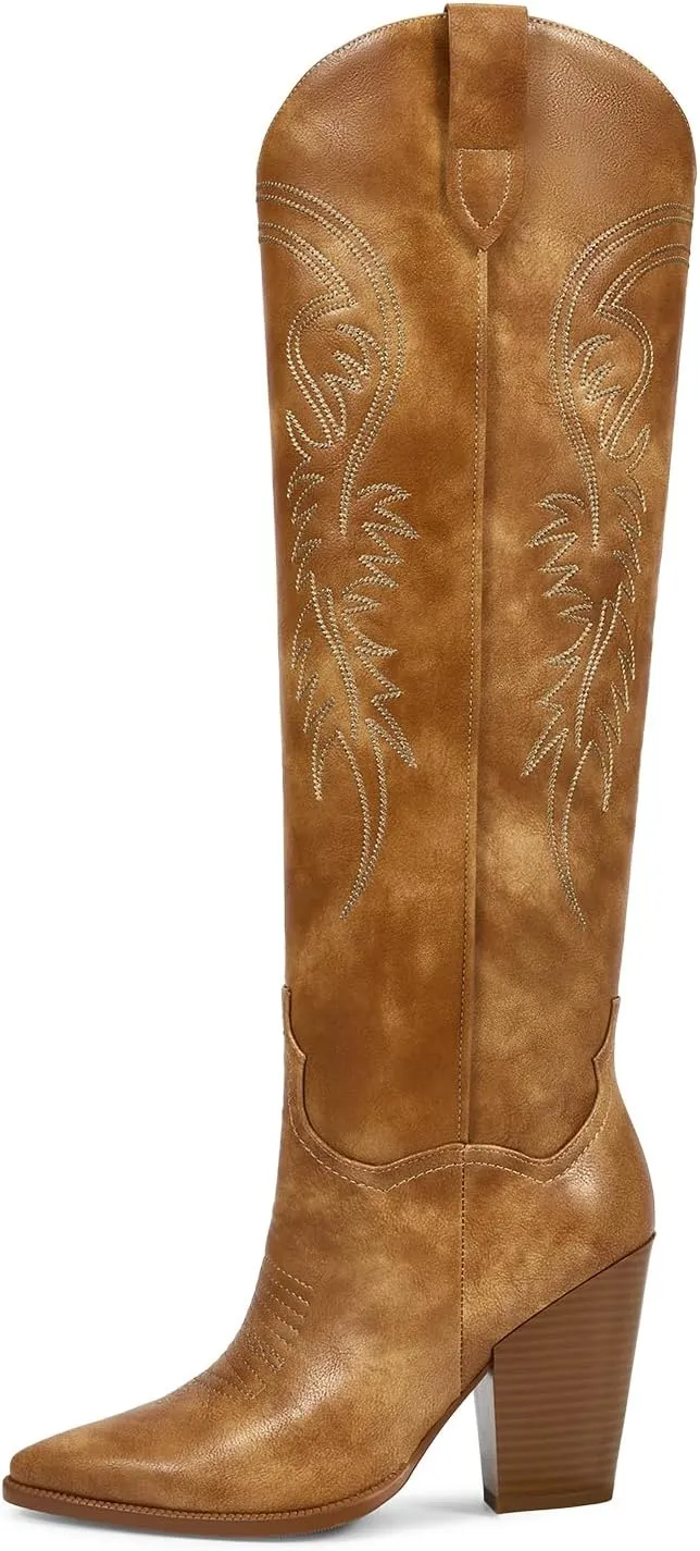 ISNOM Women's Cowgirl Boots Pull On Knee High Boots, Cowboy Western Embroidered Chunky Block Heel Pointed Toes Boots