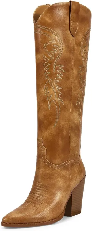 ISNOM Women's Cowgirl Boots Pull On Knee High Boots, Cowboy Western Embroidered Chunky Block Heel Pointed Toes Boots