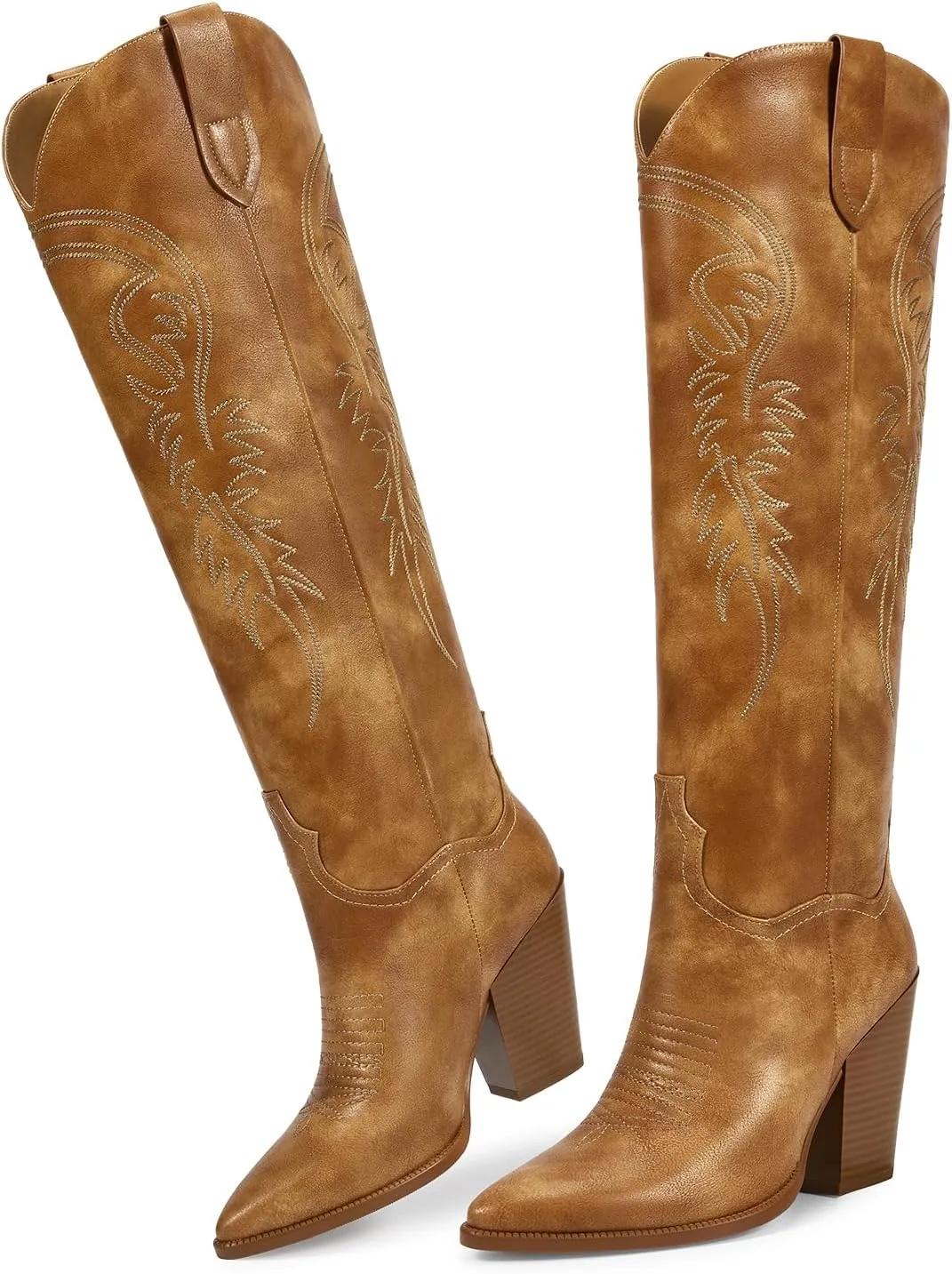 ISNOM Women's Cowgirl Boots Pull On Knee High Boots, Cowboy Western Embroidered Chunky Block Heel Pointed Toes Boots