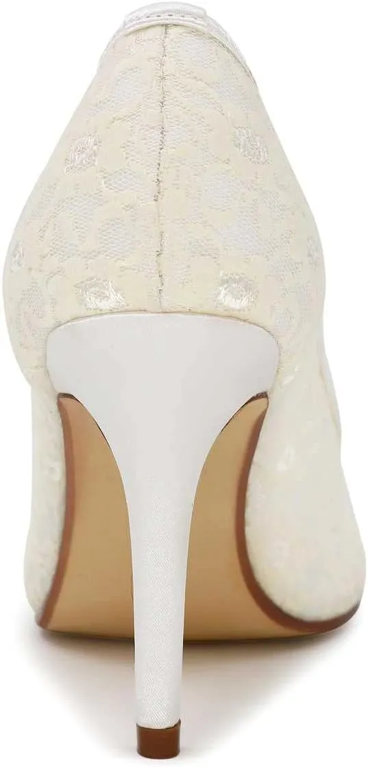 Ivory Lace Mesh Satin Bridal Wedding Shoes for Women Comfortable Open Toe Slip On Pumps