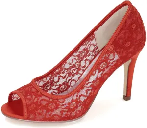 Ivory Lace Mesh Satin Bridal Wedding Shoes for Women Comfortable Open Toe Slip On Pumps