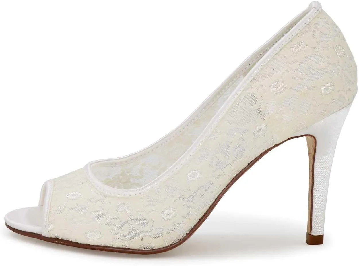 Ivory Lace Mesh Satin Bridal Wedding Shoes for Women Comfortable Open Toe Slip On Pumps