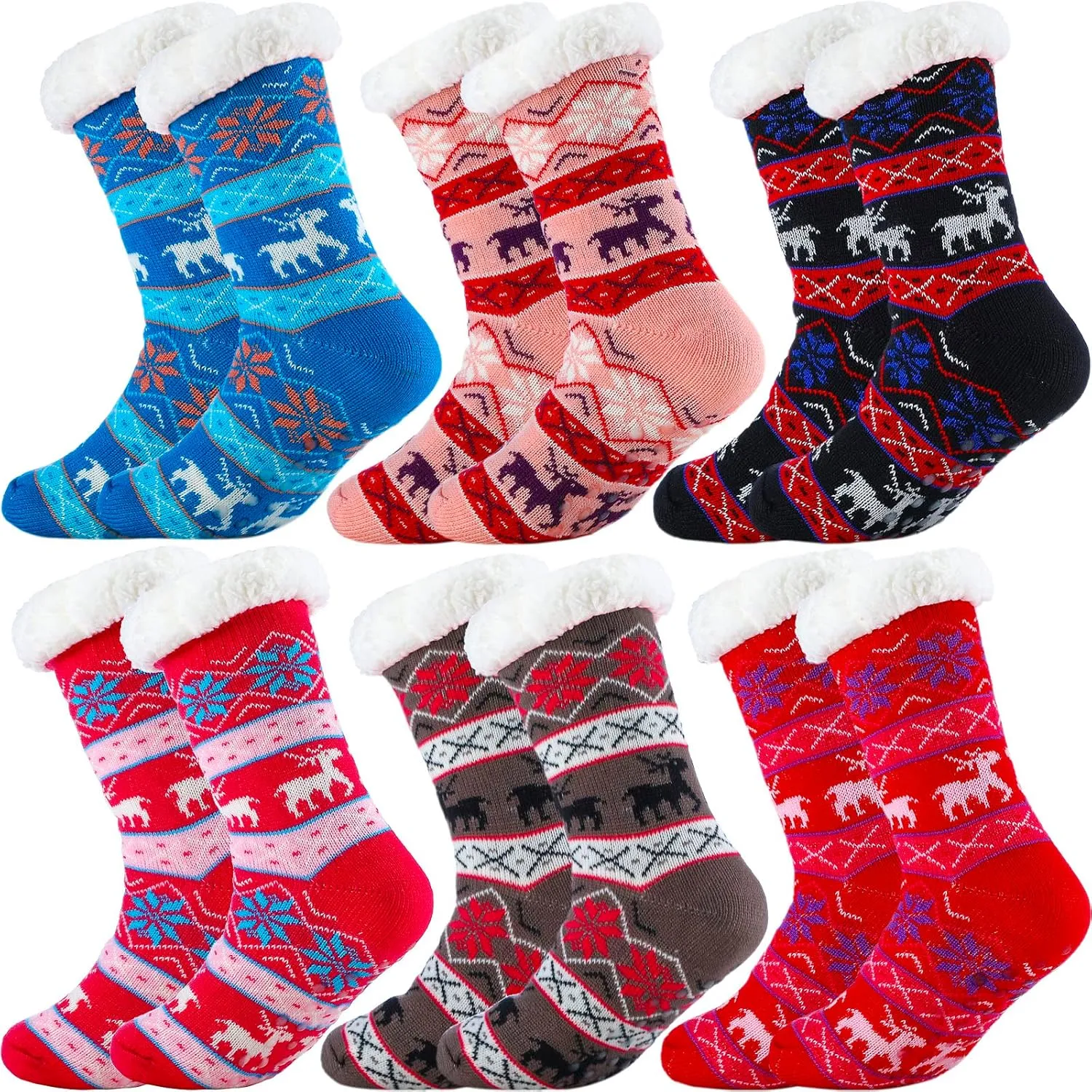 Jadive 6 Pairs Christmas Slipper Socks for Women Cozy Winter Fuzzy Socks Fleece Non Slip Socks Fluffy Grip Socks for Women