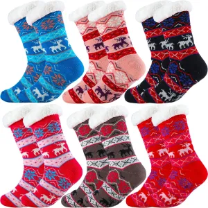 Jadive 6 Pairs Christmas Slipper Socks for Women Cozy Winter Fuzzy Socks Fleece Non Slip Socks Fluffy Grip Socks for Women