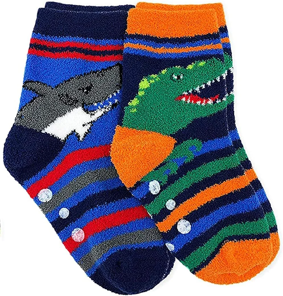 Jefferies Socks Boys Fuzzy Dinosaur Shark Monster Non Skid Slipper Socks 4 Pack