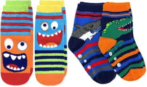 Jefferies Socks Boys Fuzzy Dinosaur Shark Monster Non Skid Slipper Socks 4 Pack