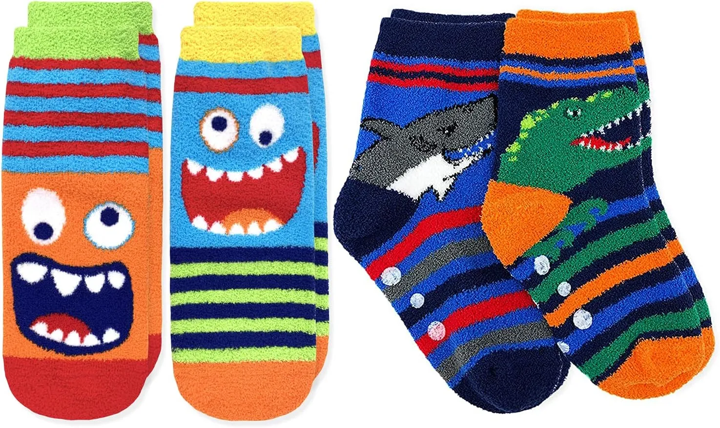 Jefferies Socks Boys Fuzzy Dinosaur Shark Monster Non Skid Slipper Socks 4 Pack