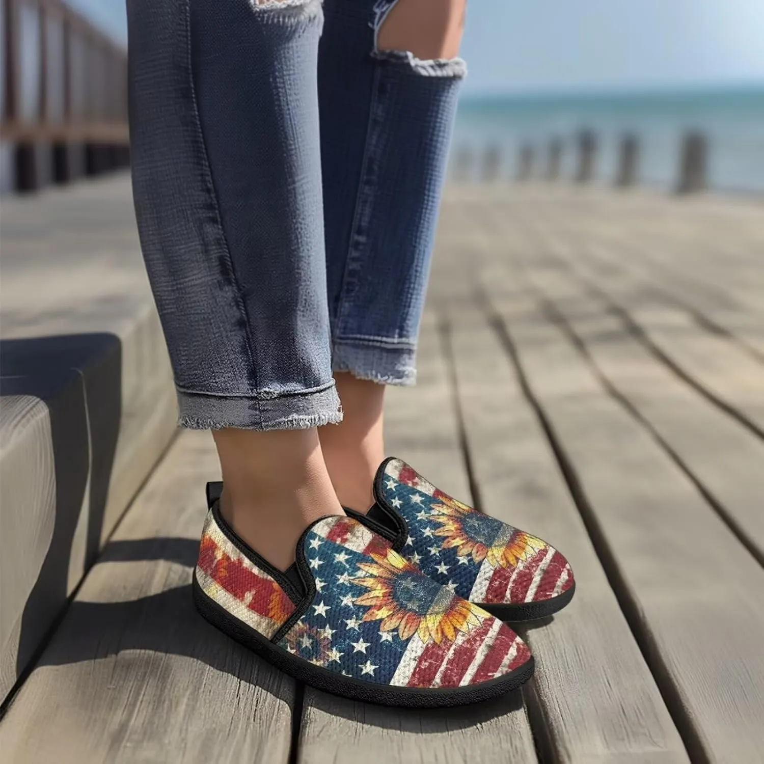 Jeiento American Flag Shoes Women's Slip-On Loafers Mesh Breathable Non Slip Lady Road Running Shoes Workout Sneakers