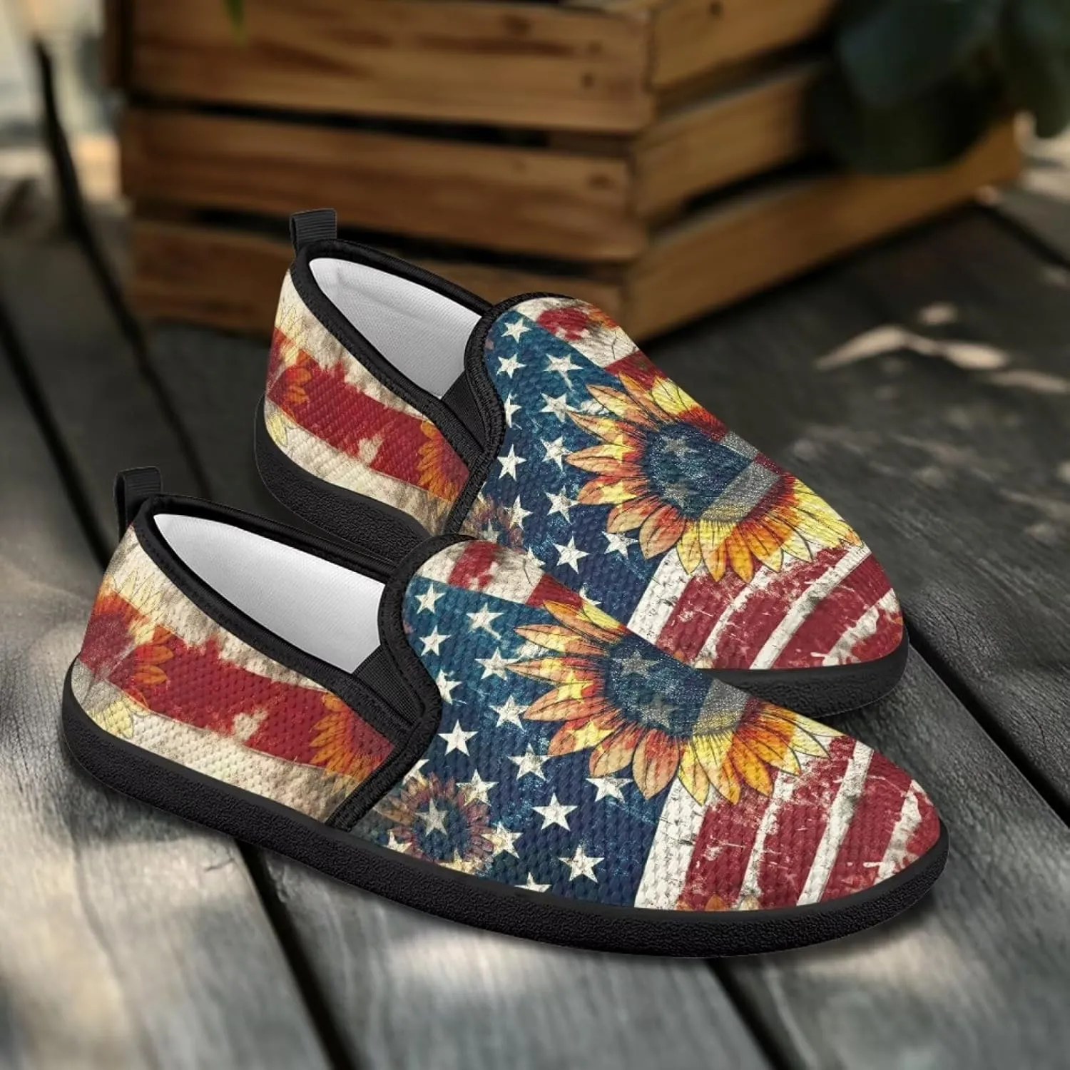 Jeiento American Flag Shoes Women's Slip-On Loafers Mesh Breathable Non Slip Lady Road Running Shoes Workout Sneakers