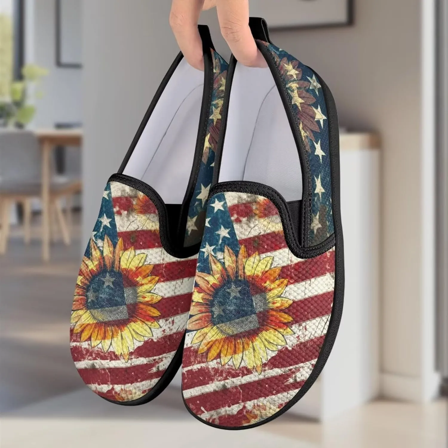 Jeiento American Flag Shoes Women's Slip-On Loafers Mesh Breathable Non Slip Lady Road Running Shoes Workout Sneakers