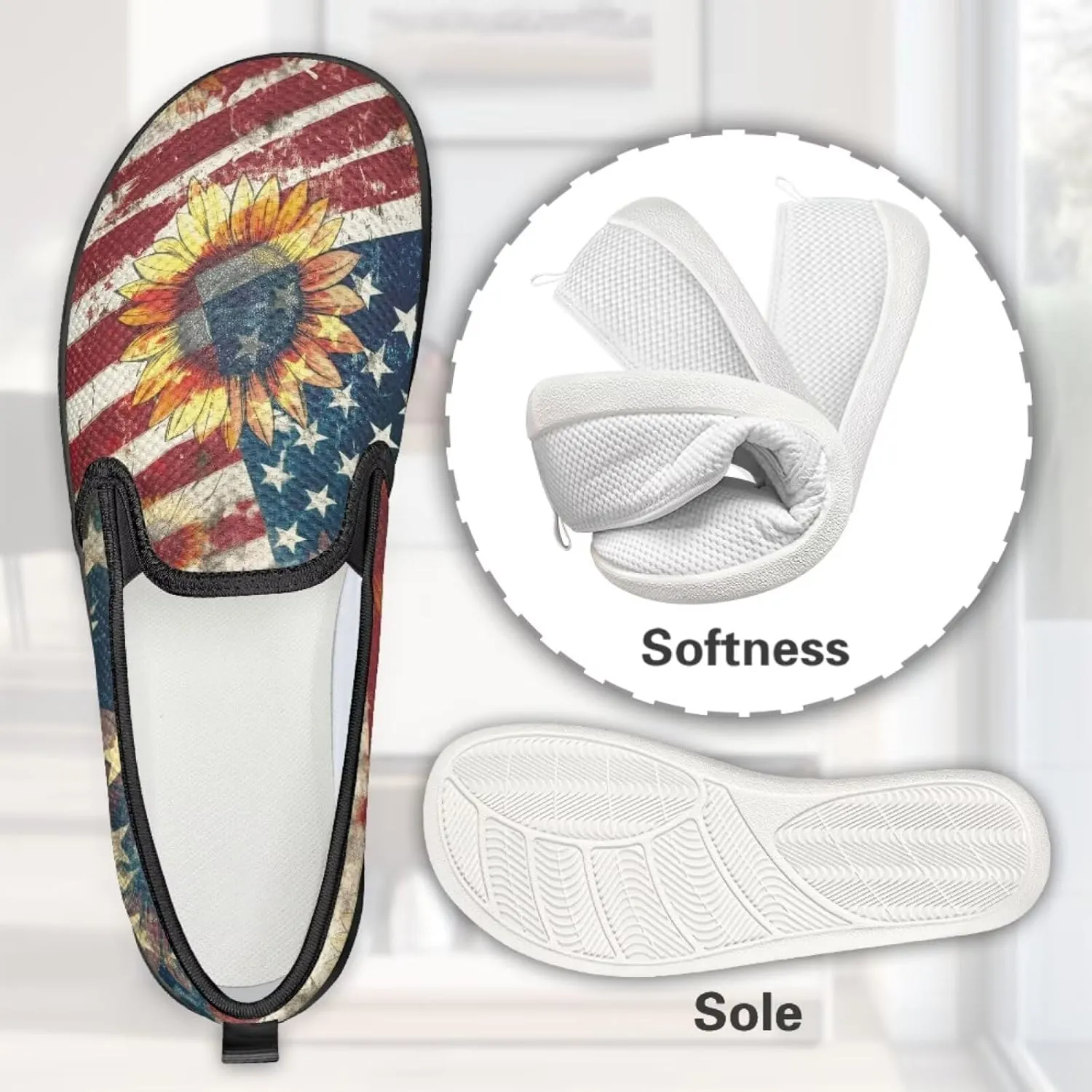 Jeiento American Flag Shoes Women's Slip-On Loafers Mesh Breathable Non Slip Lady Road Running Shoes Workout Sneakers
