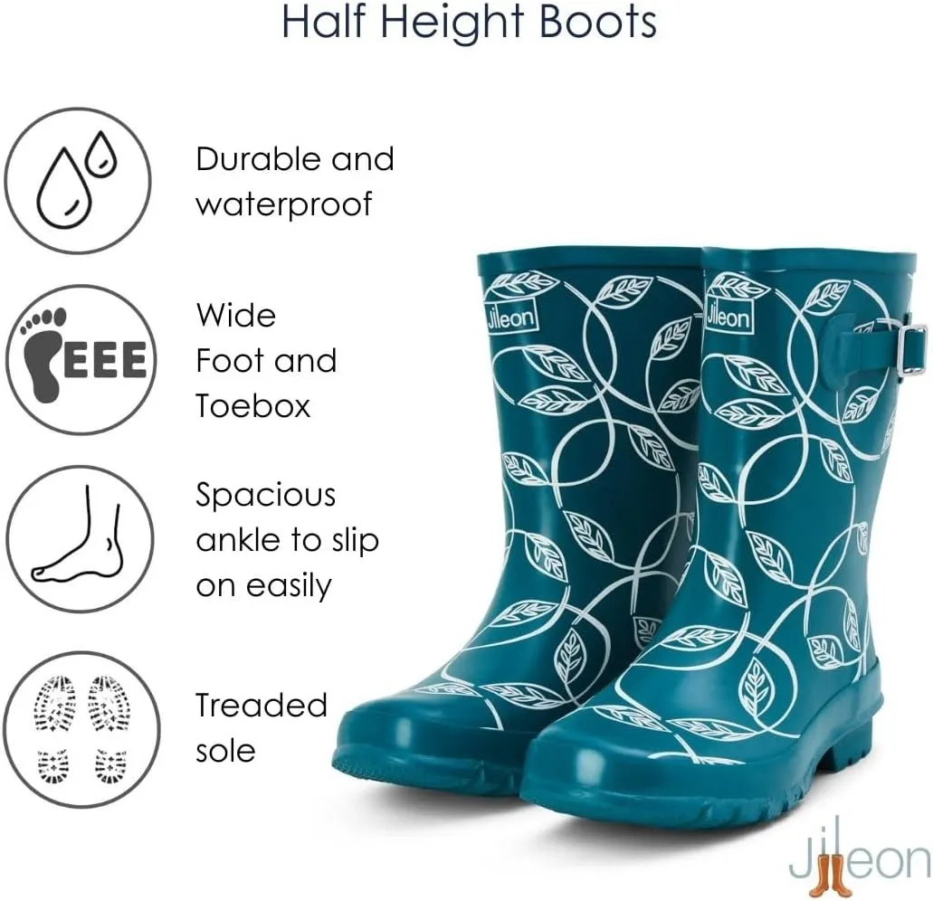 Jileon Mid Calf Rain Boots - Specially Designed For Wide Feet, Ankles or Calves - Half Height Waterproof Durable Wide Calf Rain Boots