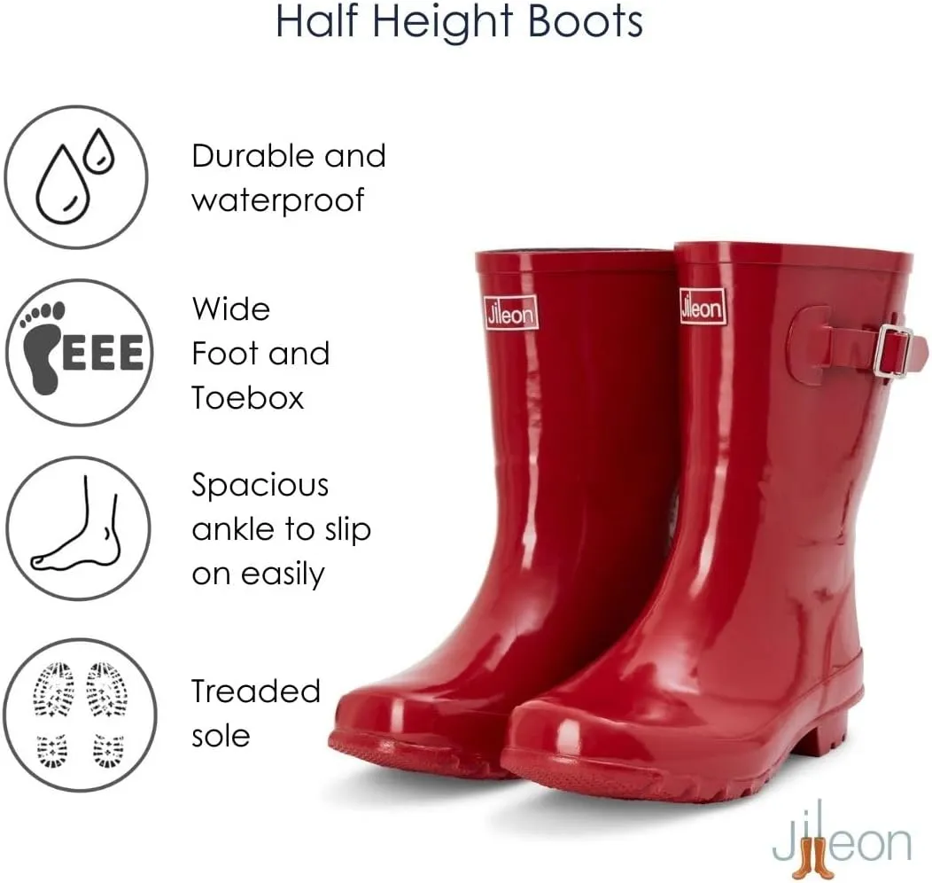 Jileon Mid Calf Rain Boots - Specially Designed For Wide Feet, Ankles or Calves - Half Height Waterproof Durable Wide Calf Rain Boots
