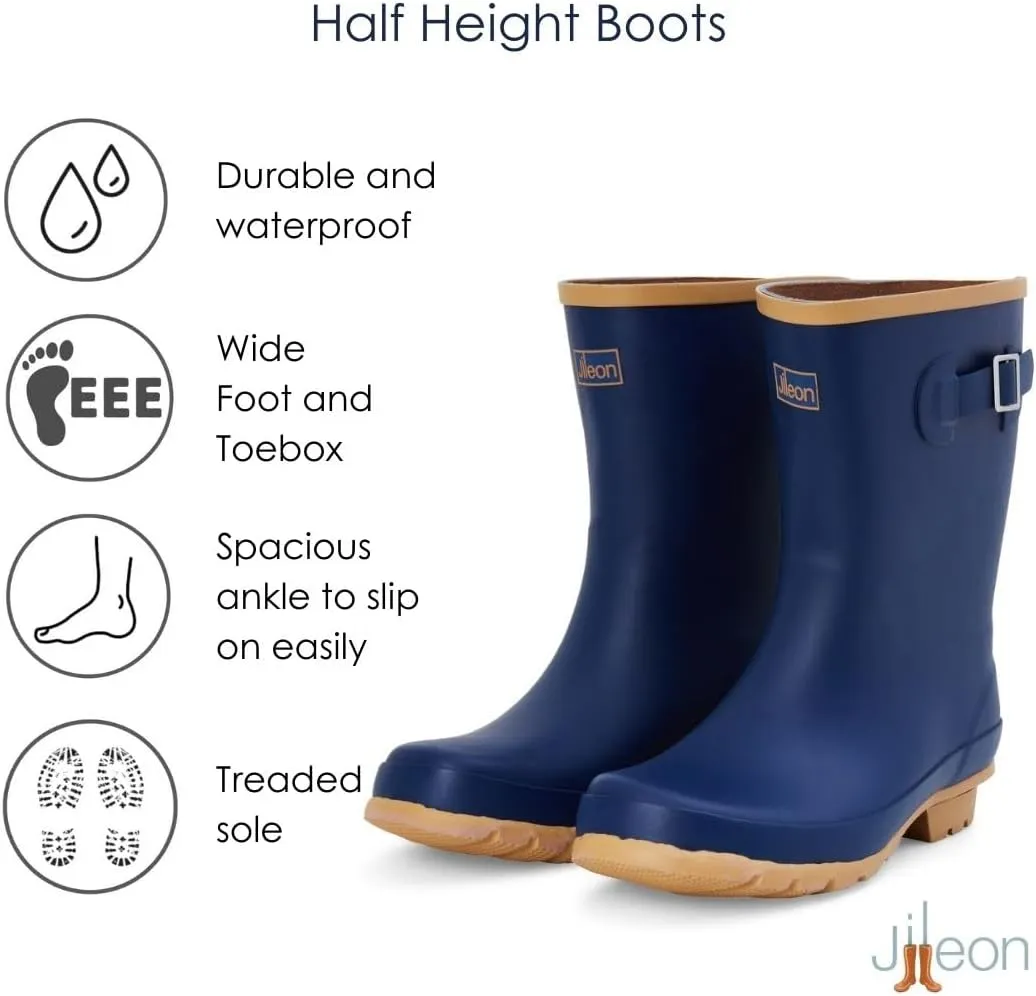 Jileon Mid Calf Rain Boots - Specially Designed For Wide Feet, Ankles or Calves - Half Height Waterproof Durable Wide Calf Rain Boots