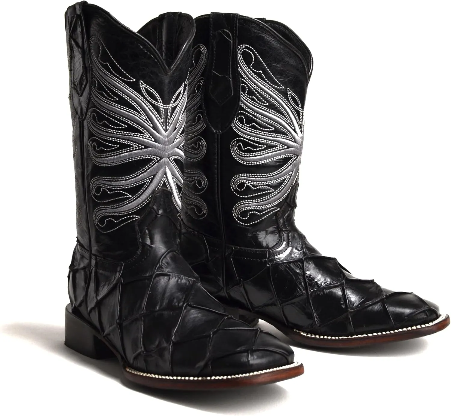 Joe Boots 708 Exotic Pirarucu Leather Print Men's Embroidered Square Toe Cowboy/Rodeo Boots Leather outsole