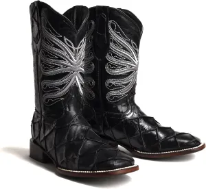 Joe Boots 708 Exotic Pirarucu Leather Print Men's Embroidered Square Toe Cowboy/Rodeo Boots Leather outsole