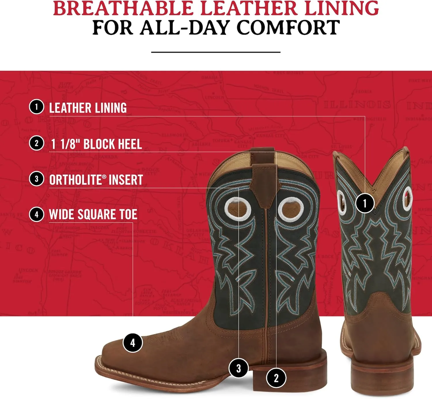 Justin Big News 11” Western Boots for Men - Frontier Collection - Square Toe Leather Men’s Cowboy Boots with Comfort Footbed & Heeled Leather Outsole