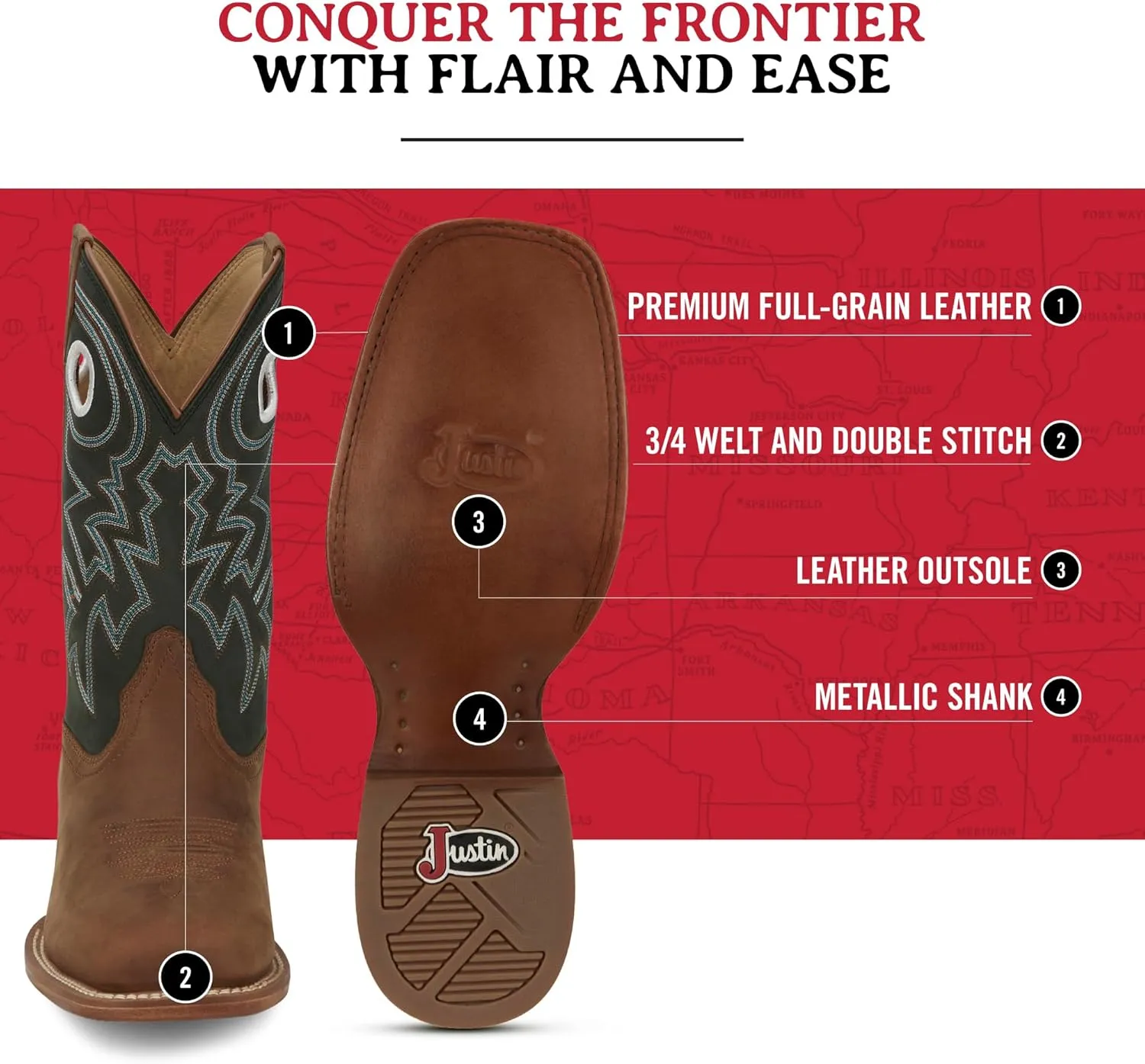 Justin Big News 11” Western Boots for Men - Frontier Collection - Square Toe Leather Men’s Cowboy Boots with Comfort Footbed & Heeled Leather Outsole