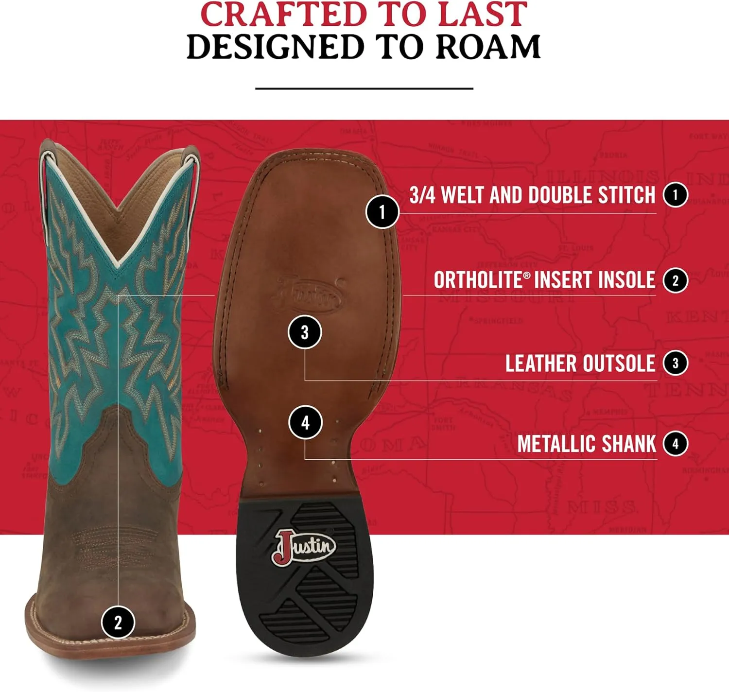Justin Jackpot 11” Western Boots for Men - Frontier Collection - Square Toe Leather Men’s Cowboy Boots with Comfort Footbed & Heeled Leather Outsole