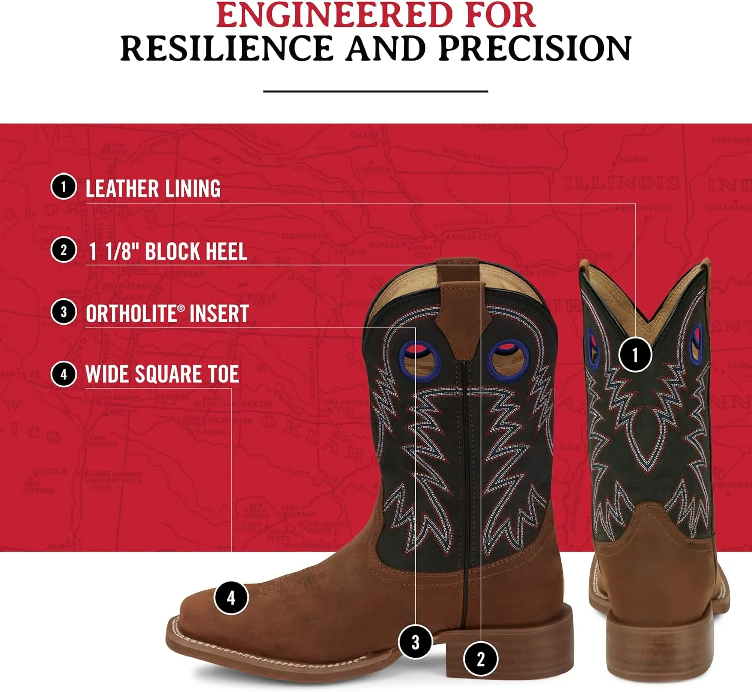 Justin Show Stopper 11” Western Boots for Men - Frontier Collection - Square Toe Leather Men’s Cowboy Boots with Comfort Footbed, Non Slip Outsole