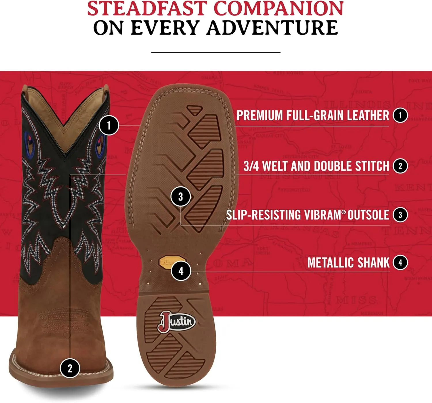 Justin Show Stopper 11” Western Boots for Men - Frontier Collection - Square Toe Leather Men’s Cowboy Boots with Comfort Footbed, Non Slip Outsole