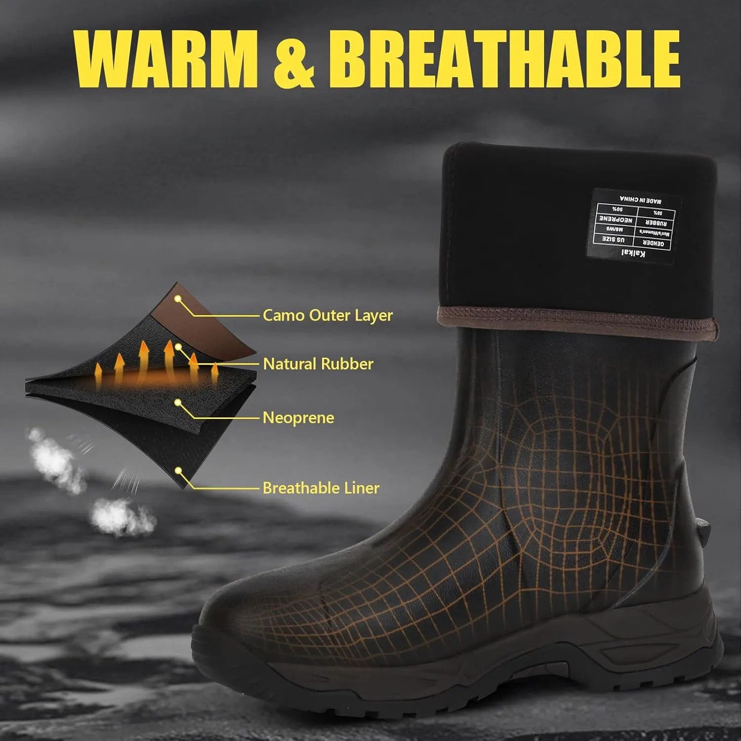 Kalkal Rain Boots Men, Waterproof Rubber Boots for Men, Durable Neoprene Work Boots for Gardening Hunting and Fishing