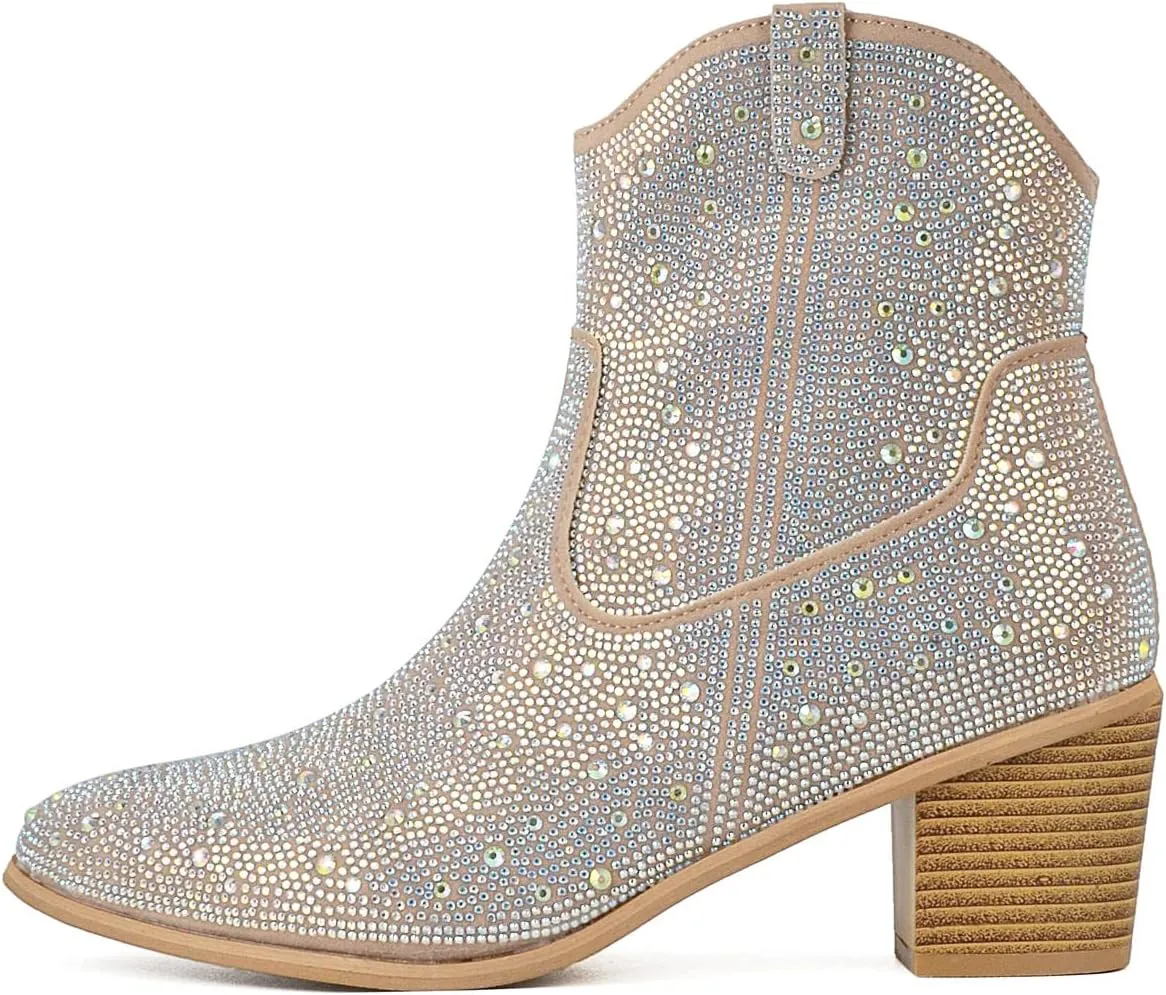 keleimusi Women Western Cowgirl Rhinestone Ankle Boots Pointed Toe Glitter Chunky Heel Sparkly Shoes