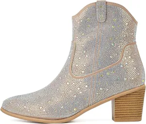 keleimusi Women Western Cowgirl Rhinestone Ankle Boots Pointed Toe Glitter Chunky Heel Sparkly Shoes