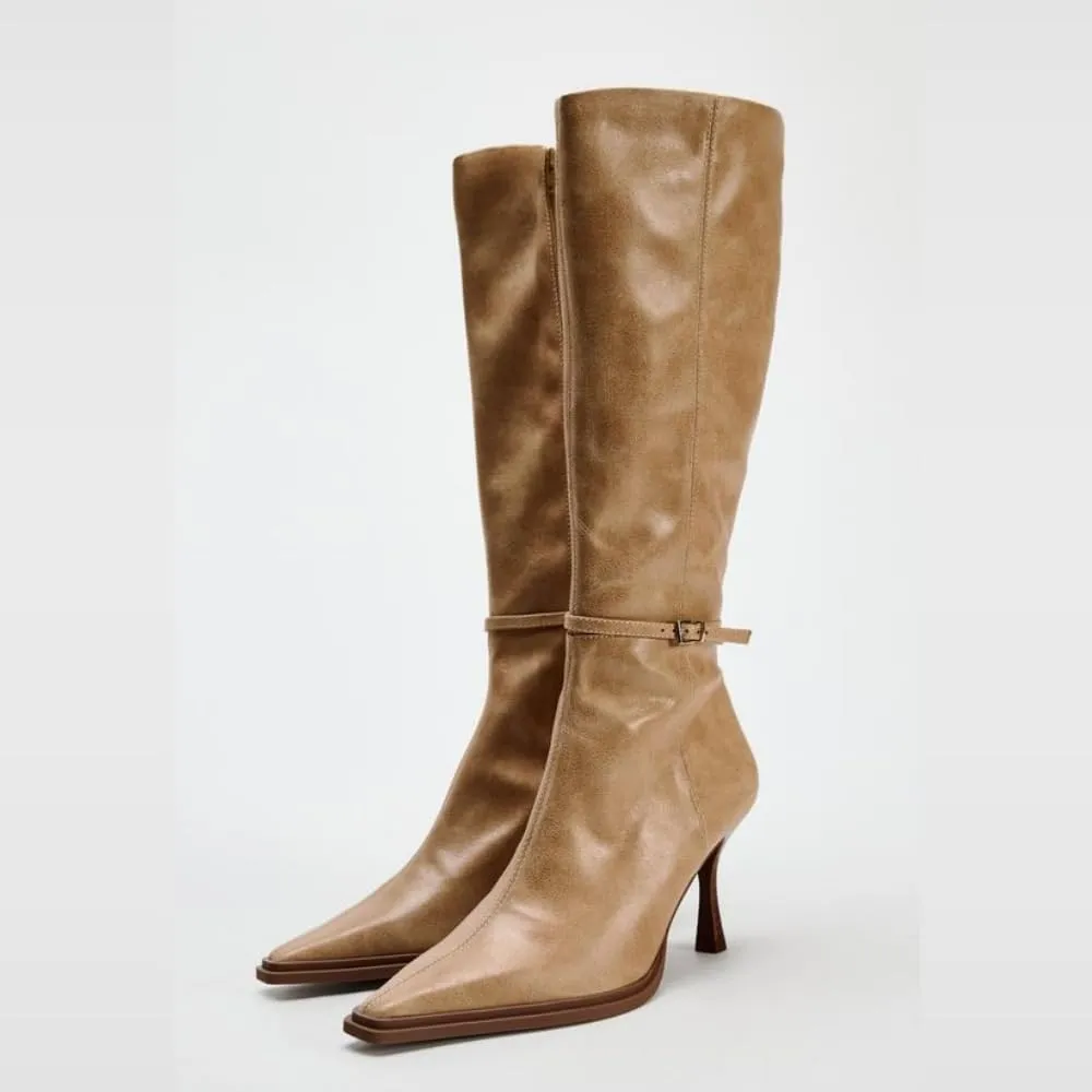 keleimusi Women's Knee-High Boots Fashion Pointed Toe Riding Boots Fall Boots Sexy Stiletto High Heel Long Boots Slouch Zipper Tall Boots Buckle Strap Heeled Boots Fashion Trendy Boots