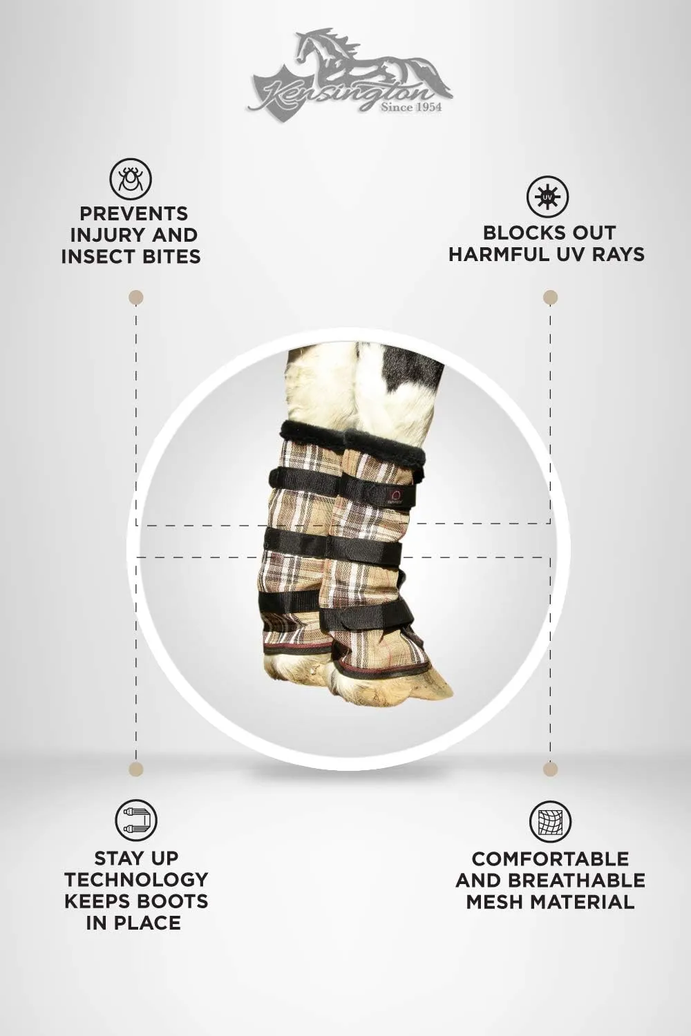 Kensington Protective Products Horse Fly Boots - Fleece Trimmed - Stay-Up Technology - Protection from Insect Bites and UV Rays - Sold in Pairs (2 Boots)