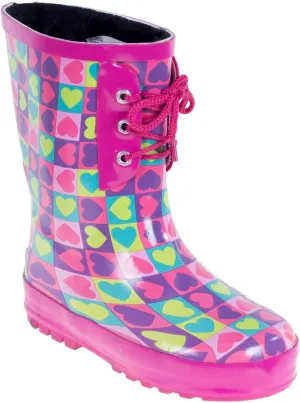 Kid's Rubber Lace Up Heart Print Rainboots, 1, Pink