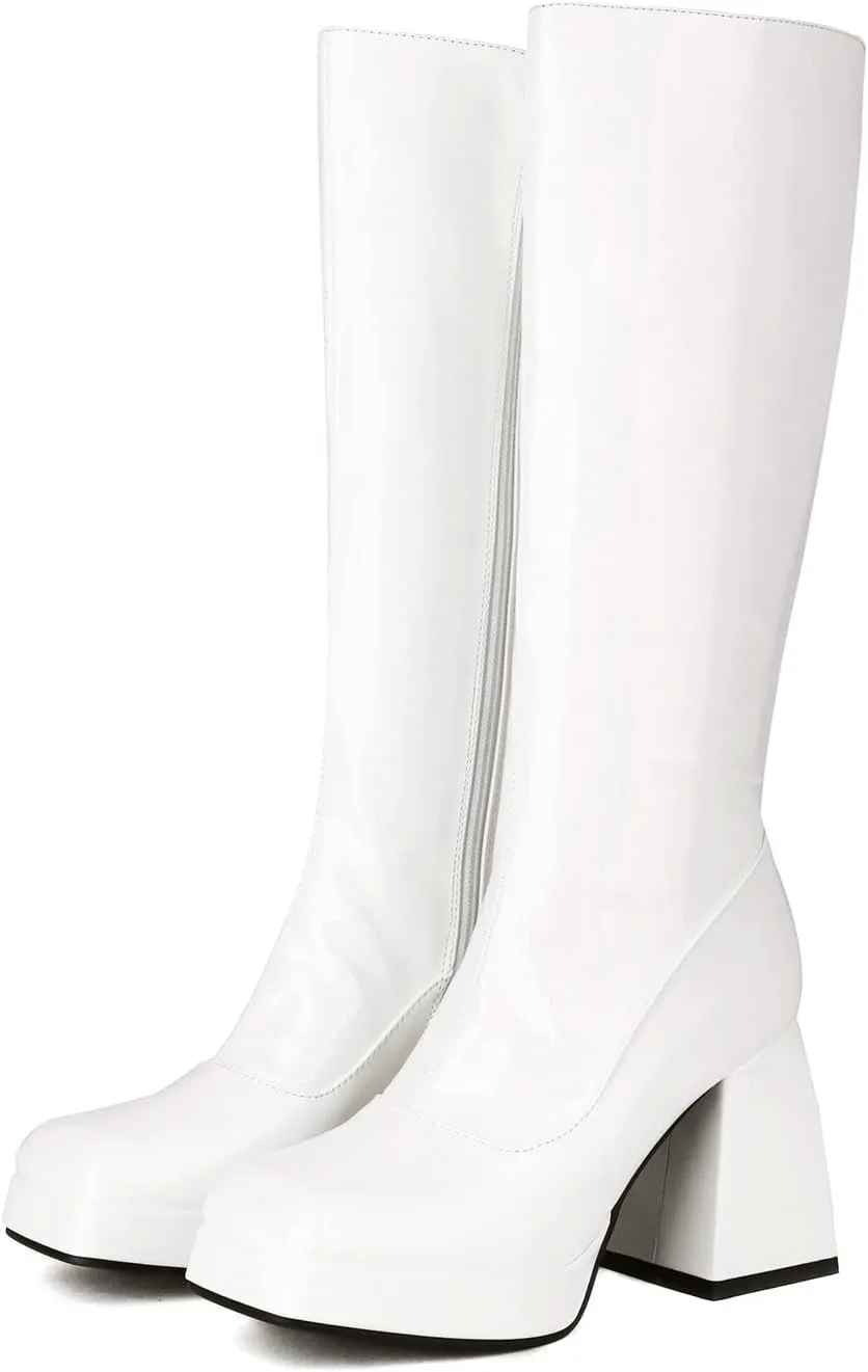 Kirliner Womens Go Go Boots 70s Platform Square Toe Slouch Boots Chunky Heel Block Knee High Boots for Cosplay Costume