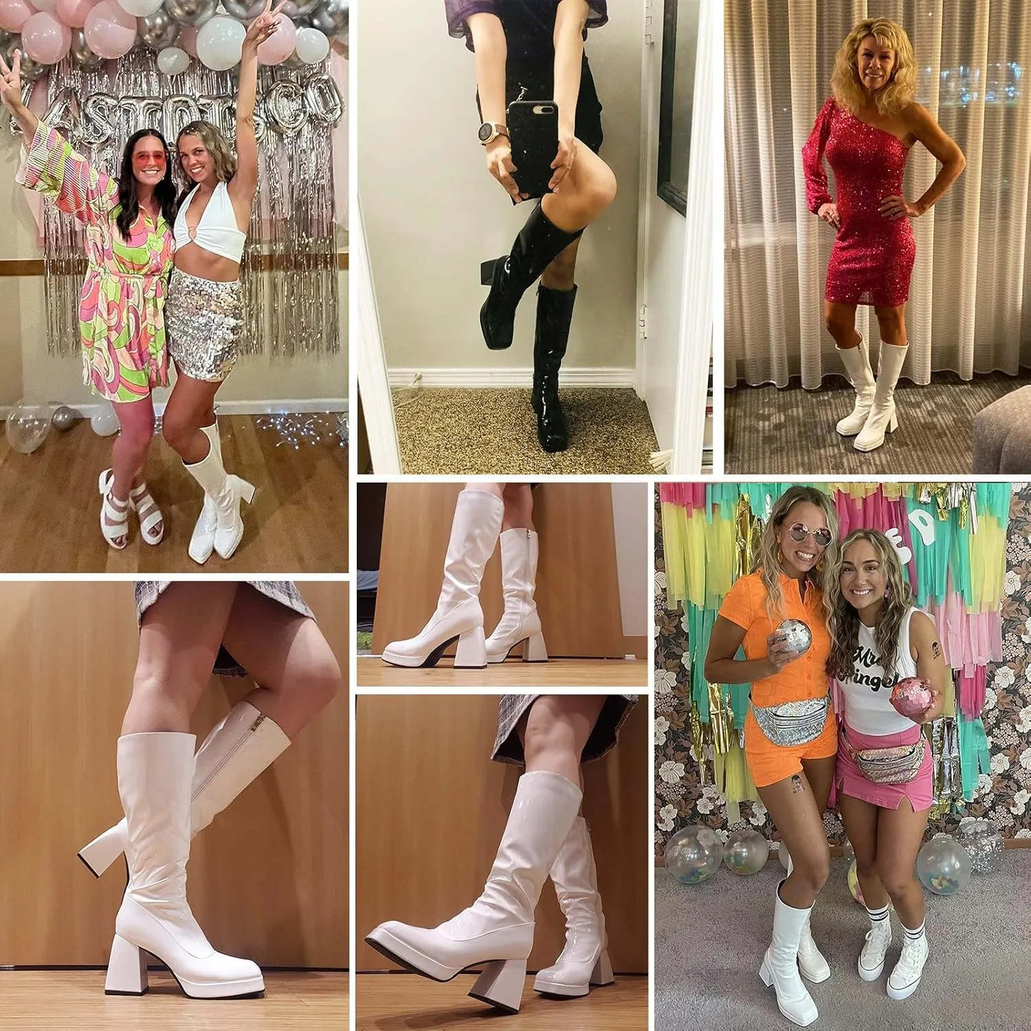 Kirliner Womens Go Go Boots 70s Platform Square Toe Slouch Boots Chunky Heel Block Knee High Boots for Cosplay Costume