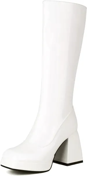 Kirliner Womens Go Go Boots 70s Platform Square Toe Slouch Boots Chunky Heel Block Knee High Boots for Cosplay Costume