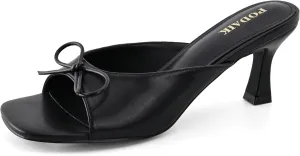 Kitten Heels for Women Slip On Sandals Bow Mules Heeled Sandals Square Open Toe Dress Party Slides