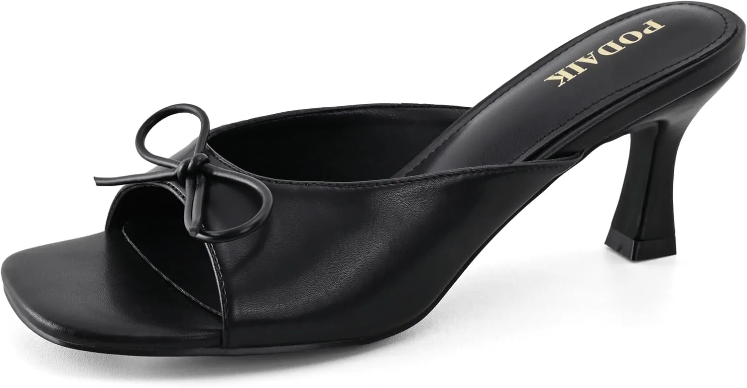 Kitten Heels for Women Slip On Sandals Bow Mules Heeled Sandals Square Open Toe Dress Party Slides