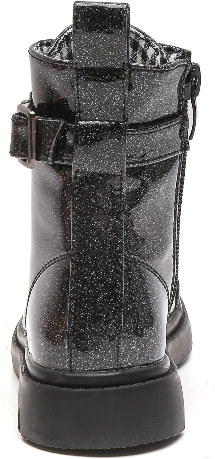 kkdom Boys Girls Waterproof Outdoor Glitter Lace Up Side Zipper Mid Calf Combat Boots(Toddler/Little Kid/Big Kid)