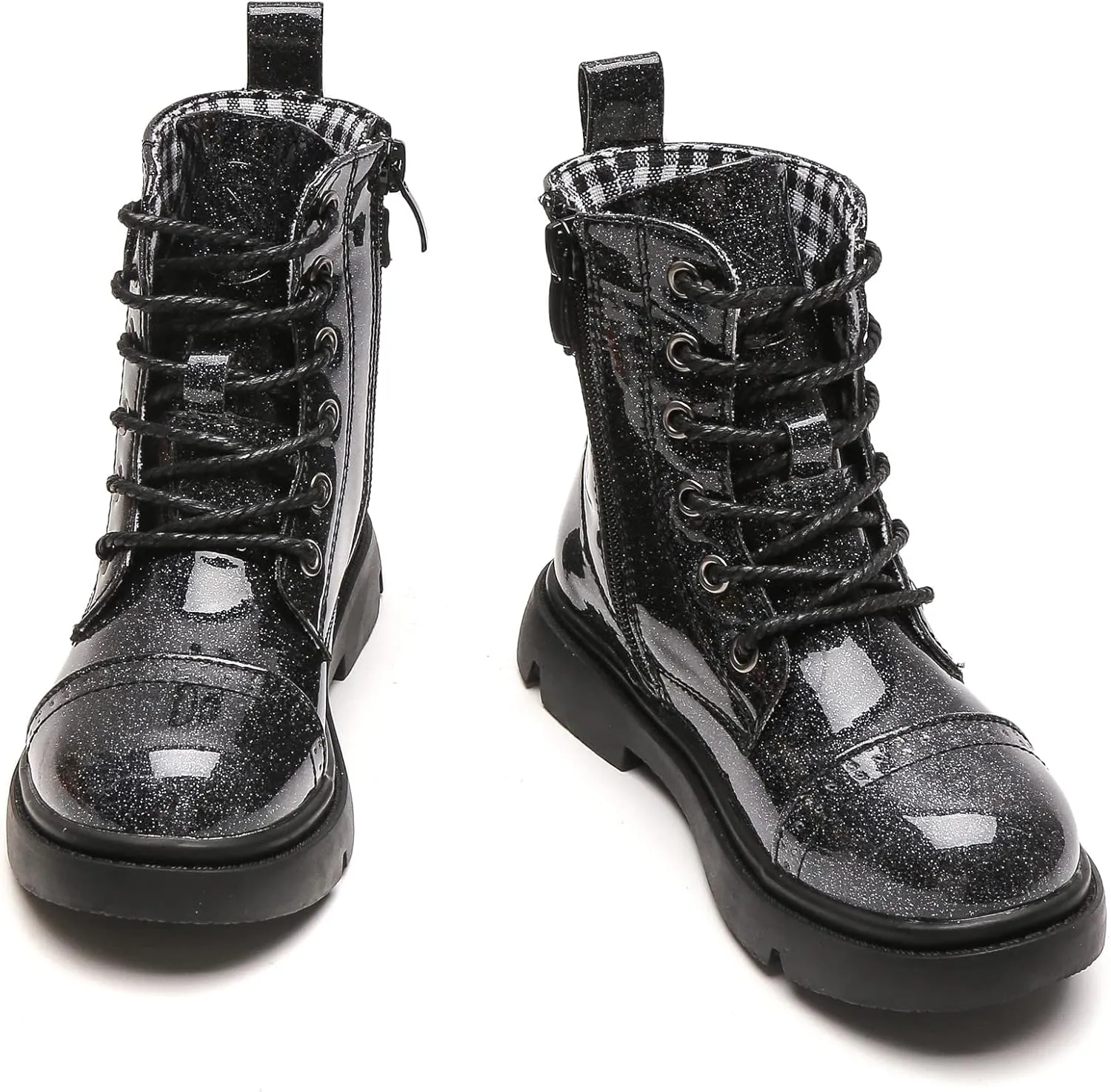 kkdom Boys Girls Waterproof Outdoor Glitter Lace Up Side Zipper Mid Calf Combat Boots(Toddler/Little Kid/Big Kid)