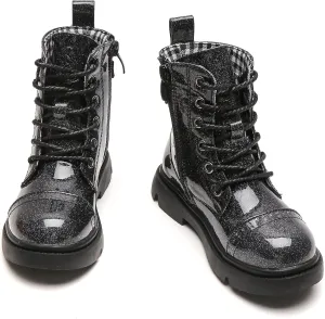 kkdom Boys Girls Waterproof Outdoor Glitter Lace Up Side Zipper Mid Calf Combat Boots(Toddler/Little Kid/Big Kid)